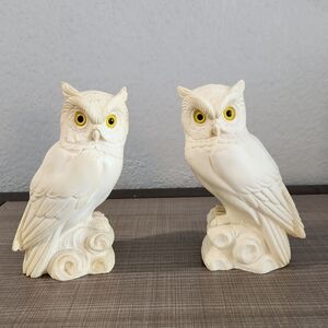 Alabaster owls signed A Giannelli 1972 Bookends vintage decor 7"
